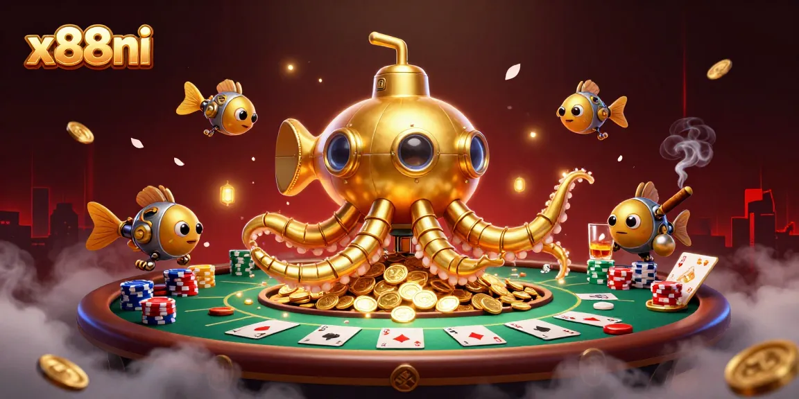 x88ni Kraken submarine emerges from coins in a vibrant casino scene filled with gaming elements.