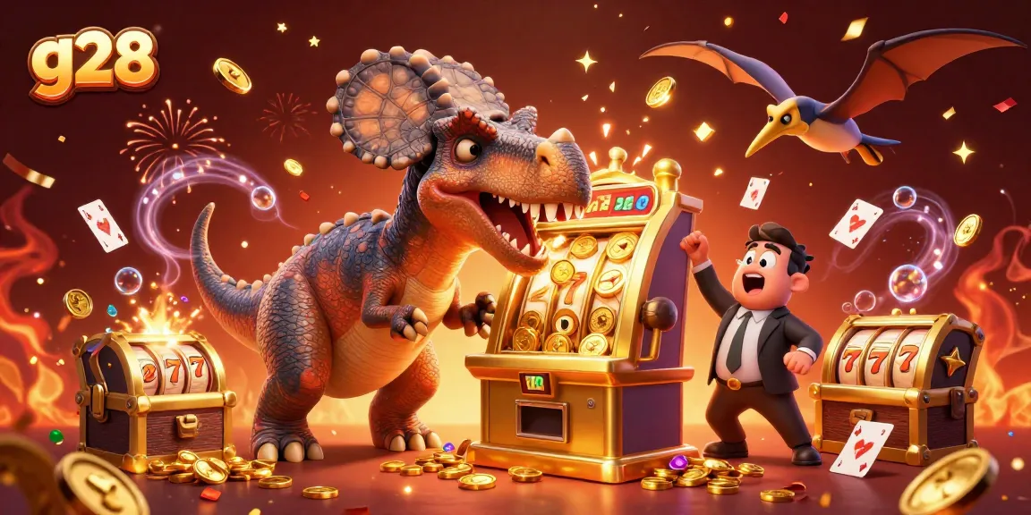 g28 casino scene with a dinosaur hitting a slot machine, winning gold coins across vibrant gaming elements