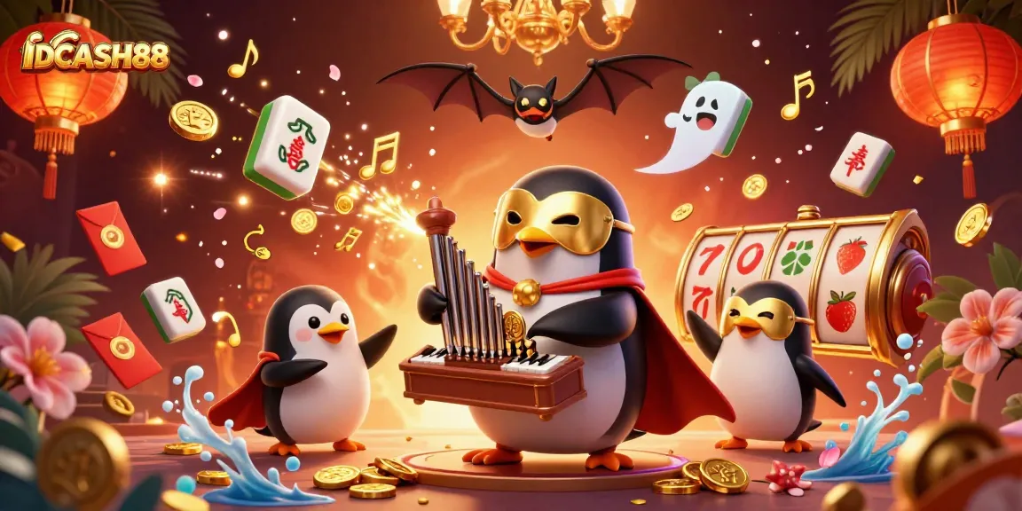 Playing at IDCASH88, the penguin conjures coins amid festive casino elements and vibrant symbols.