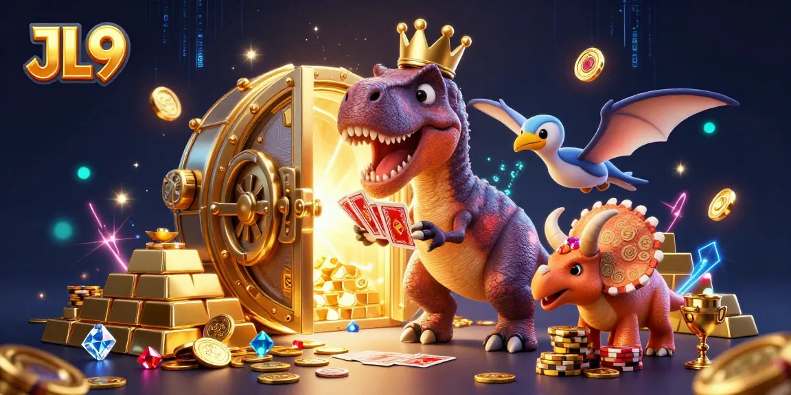 JL9 cartoon illustration of a T-Rex shuffling cards while a pterodactyl assists, with treasure effects.