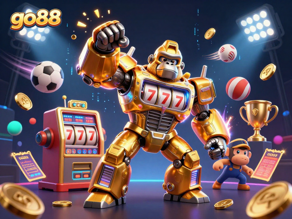 Experience thrilling gaming challenges with go88's unique 3D casino illustration featuring dynamic sports elements.
