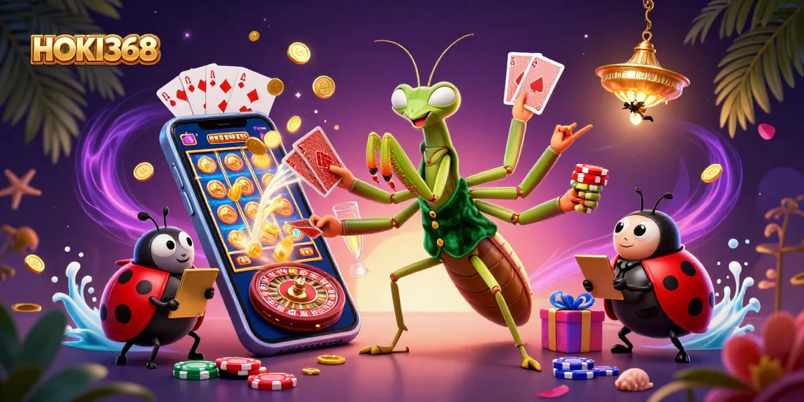 Experience thrilling slots with HOKI368's vibrant casino scene featuring playful characters and exciting gaming elements.
