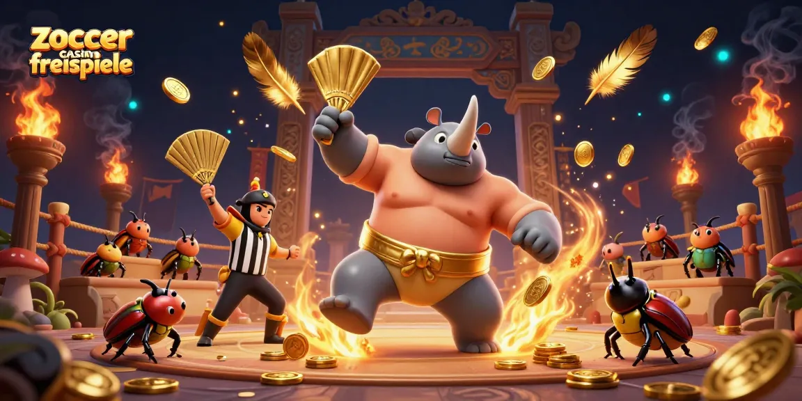 Zoccer casino freispiele illustrate a thrilling scene with a sumo champion beetle, flying coins, and dynamic casino elements.