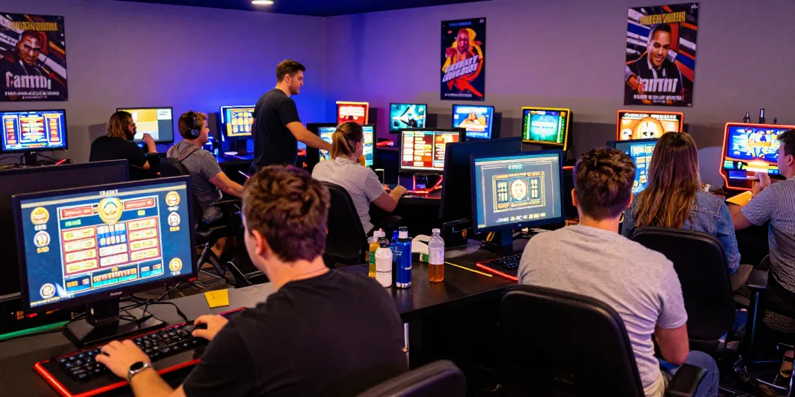 Players enjoying a vibrant slot gaming experience in a lively online casino environment.