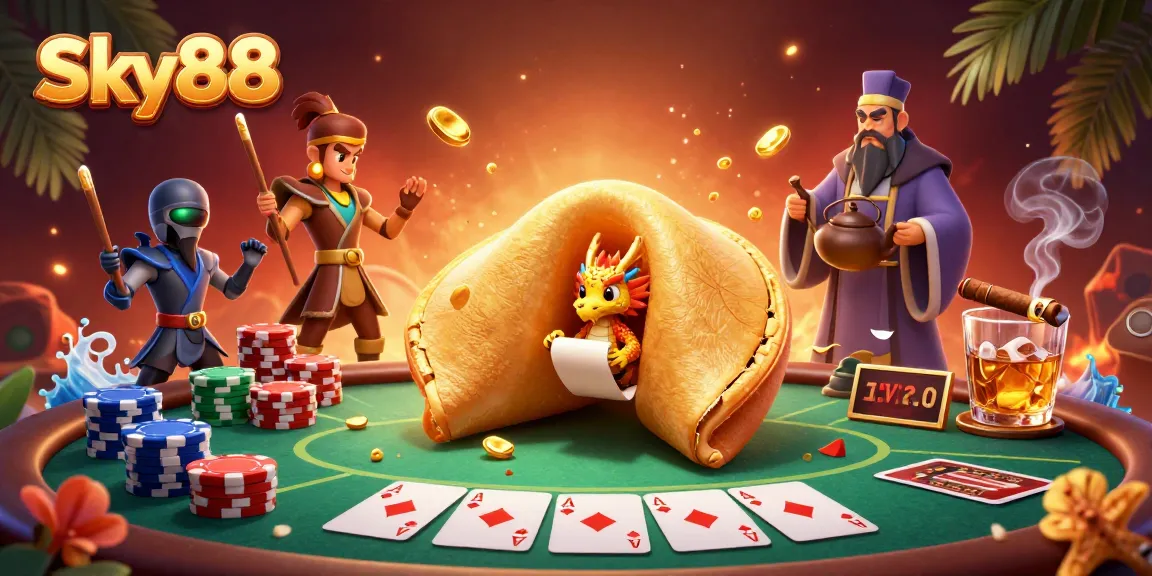 Sky88 engages bettors with a vibrant 3D casino scene featuring poker elements and wise characters.