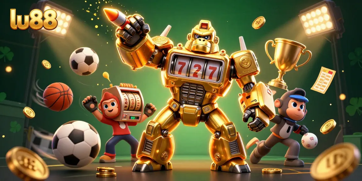 Experience thrilling action with lu88's golden gorilla mech, surrounded by dynamic sports elements, capturing casino excitement.