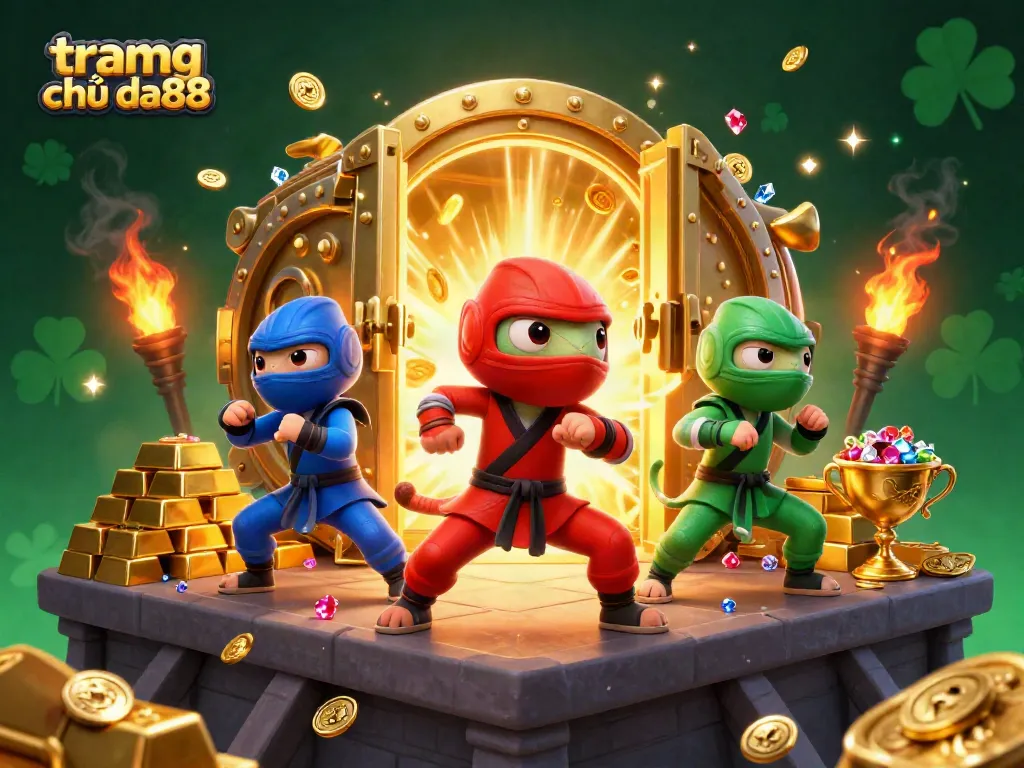 Experience the excitement of tramg chủ da88 with vibrant 3D ninjas and wealth in this casino-themed scene.