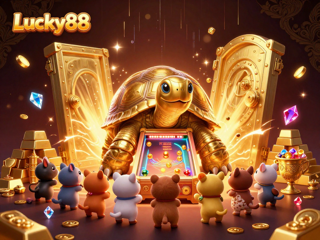 Experience the excitement of Lucky88 with a vibrant scene of a colossal golden tortoise pinball machine and animated animals.