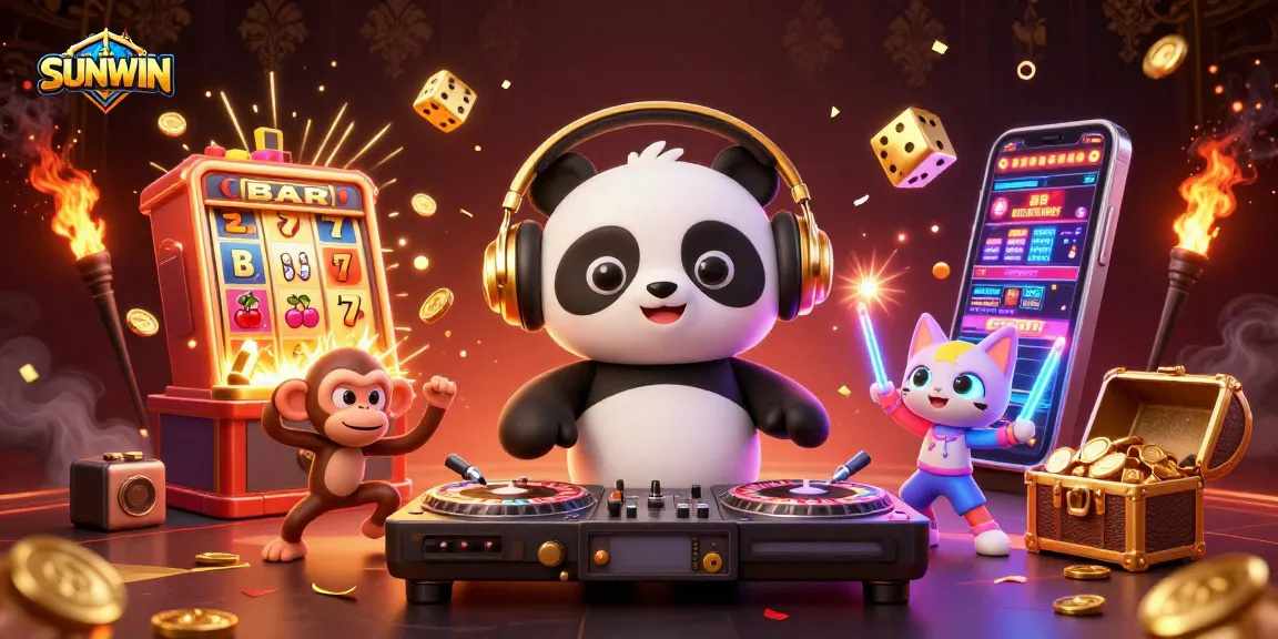 SUNWIN captivates with a vibrant 3D gaming scene featuring a DJ panda, dancing monkey, and rave kitten.