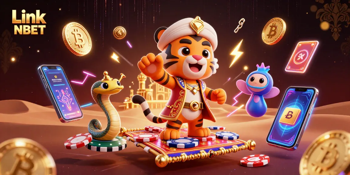 Engage with Link NBET for vibrant casino adventures featuring a tiger sultan on a magic carpet.