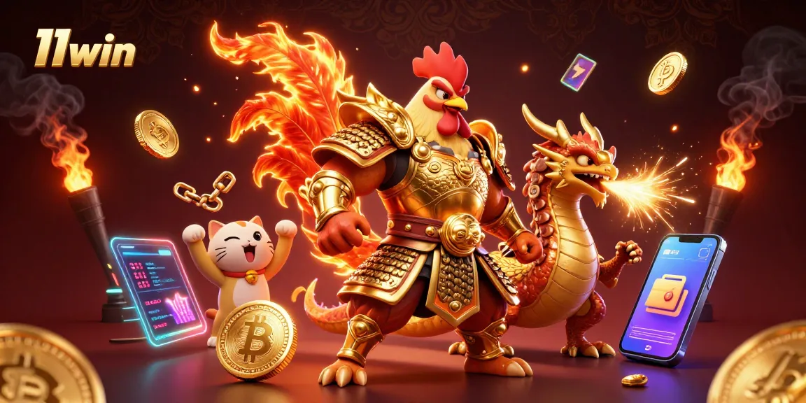 Engage in thrilling crypto gaming action with 11win's vibrant illustration featuring a fighting rooster and dragon.