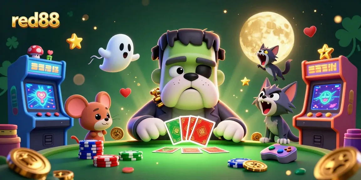 red88 showcases a lively casino scene with a unique Frankenstein bulldog dealer and playful ghost mouse.