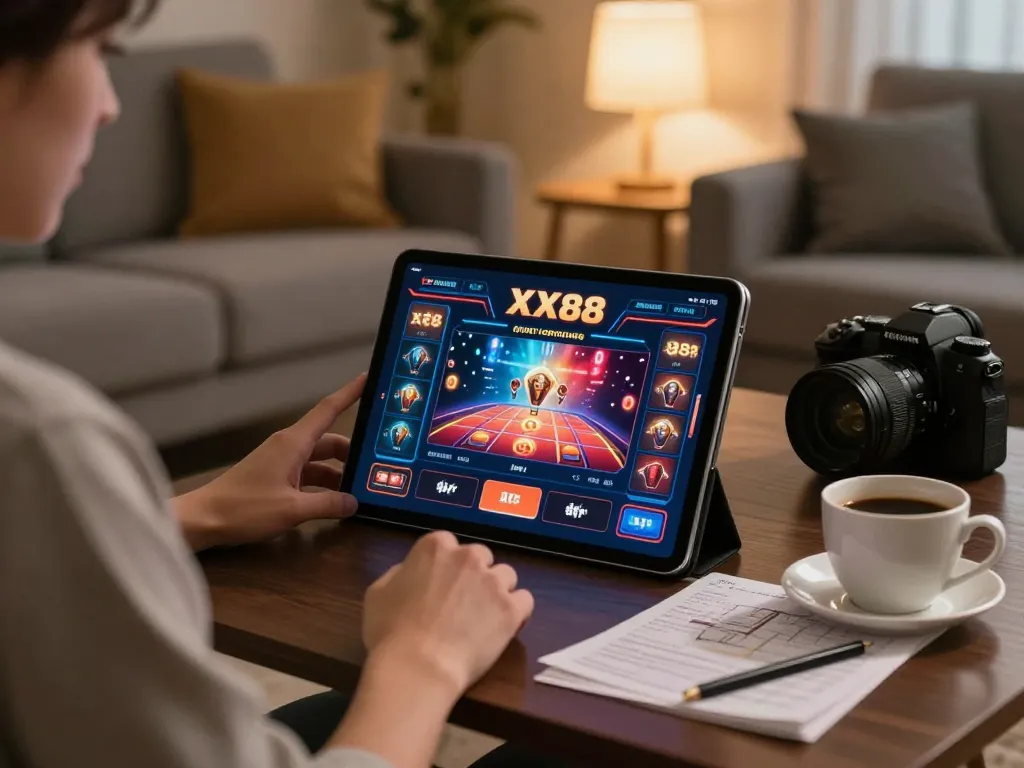 Experience XX88 gaming on tablet in cozy living room with warm lighting.