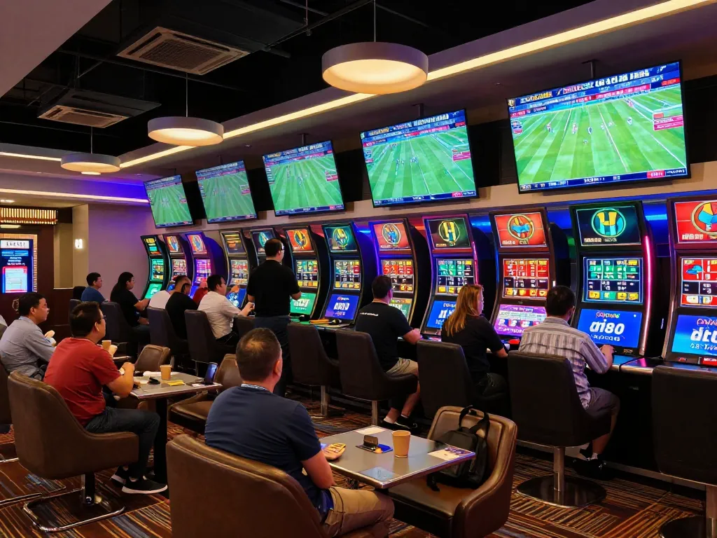 A dynamic sports betting lounge capturing kèo nhà cái excitement with patrons and live odds
