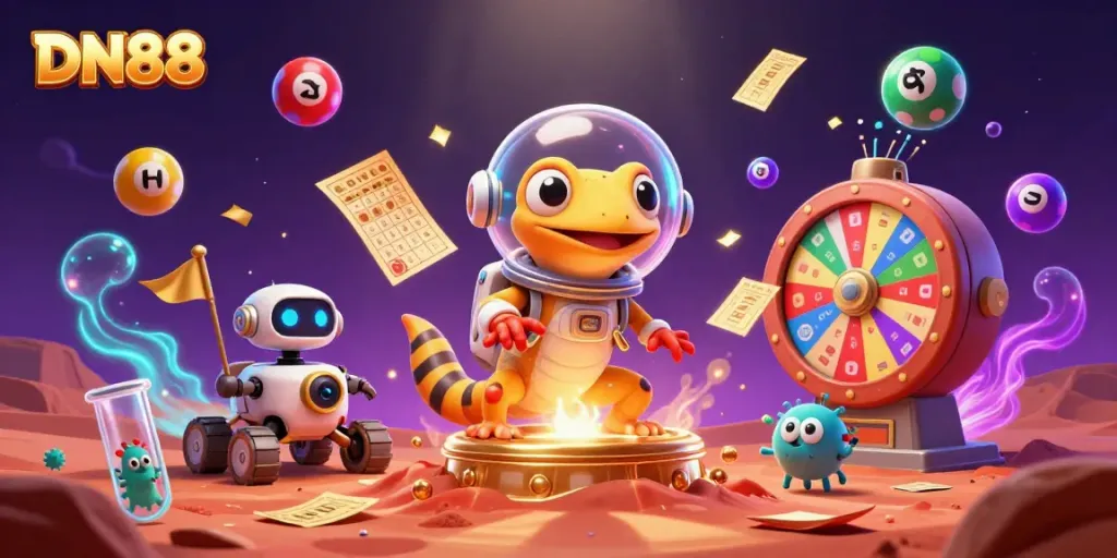Cheer on your wins with DN88 at a golden Martian casino adventure featuring 3D characters and vibrant gaming elements.