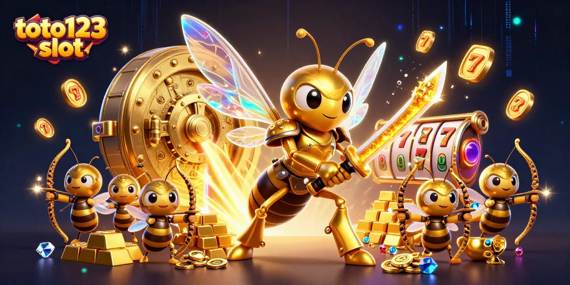 Win big at toto123 slot with captivating illustrations of a mighty hornet and treasure chests.