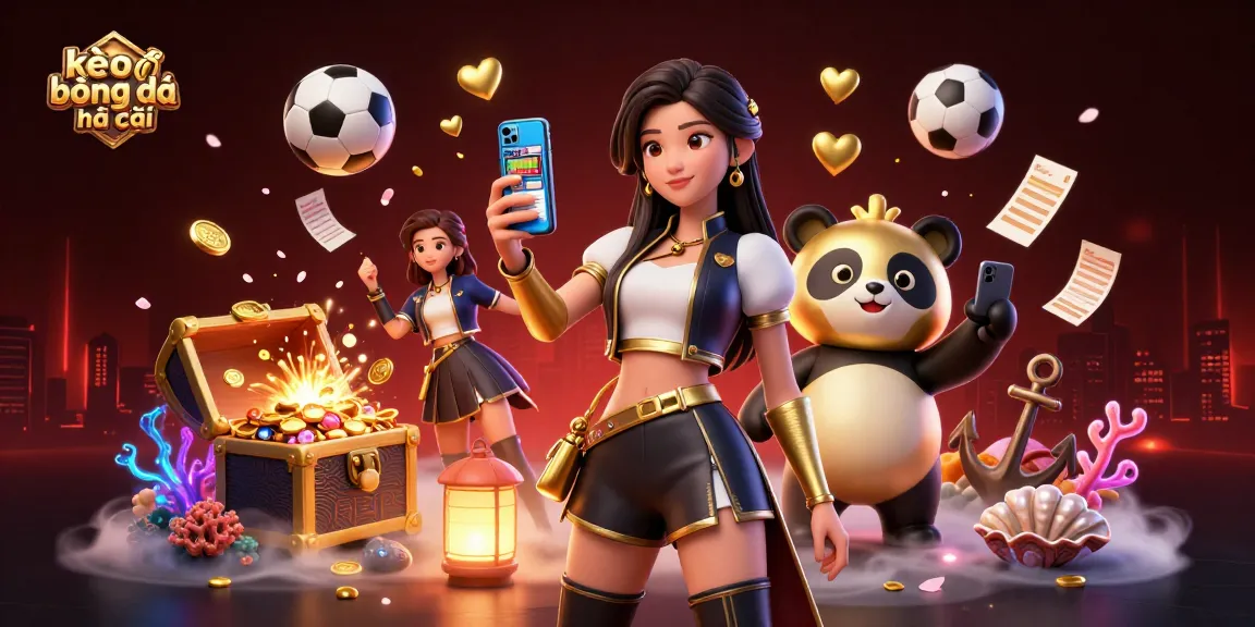 Bet on kèo bóng đá nhà cái with an elegant woman showcasing a sports betting app amidst rich visuals.