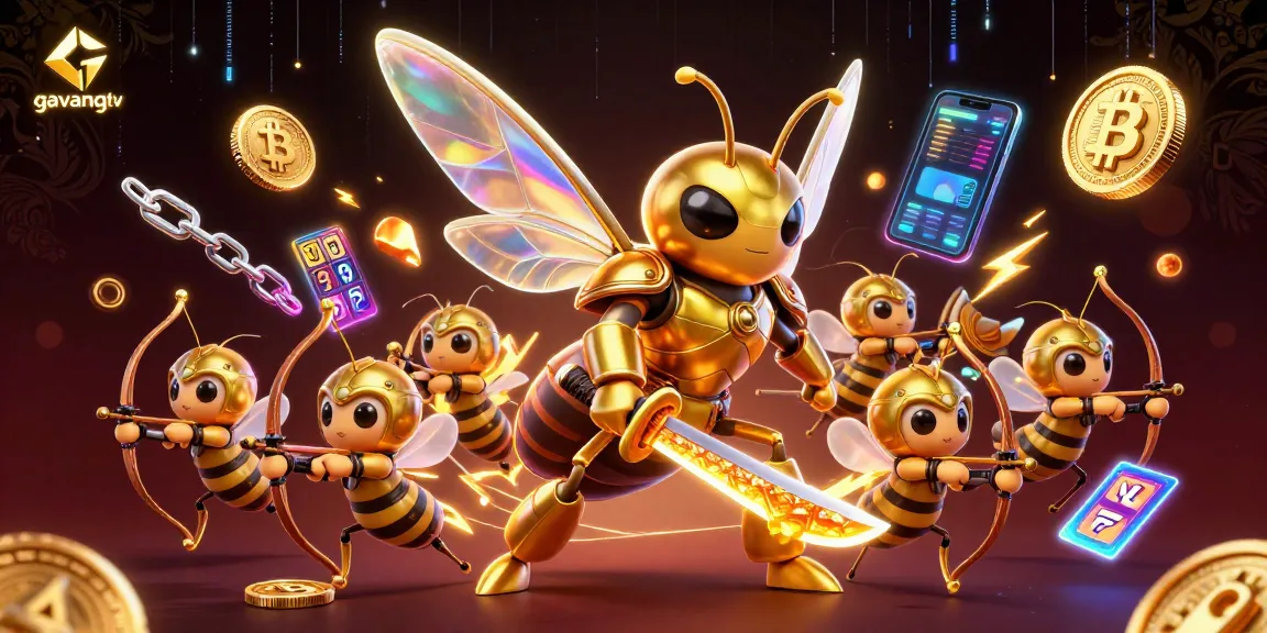 Engage with interactive playful gambling elements at gavangtv, featuring cartoon hornets and crypto coins.