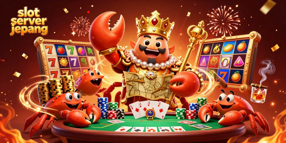 Experience the thrill of slot server jepang with a golden crab emperor amidst vibrant slot reels and poker elements.