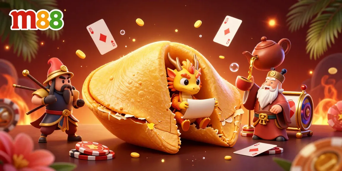 Engage with m88's dynamic online gaming experience amidst golden treasures and floating casino elements.