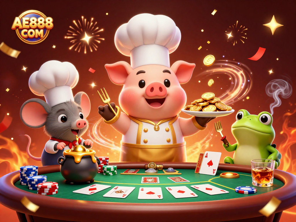 Experience the excitement of gambling with AE888 COM as gold coins and poker chips surround vibrant characters.
