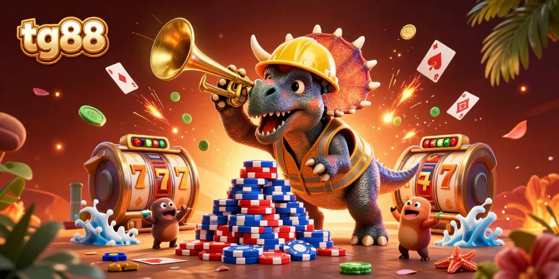 Join the celebration with tg88 as a triceratops builds a poker chip pyramid surrounded by vibrant casino elements.