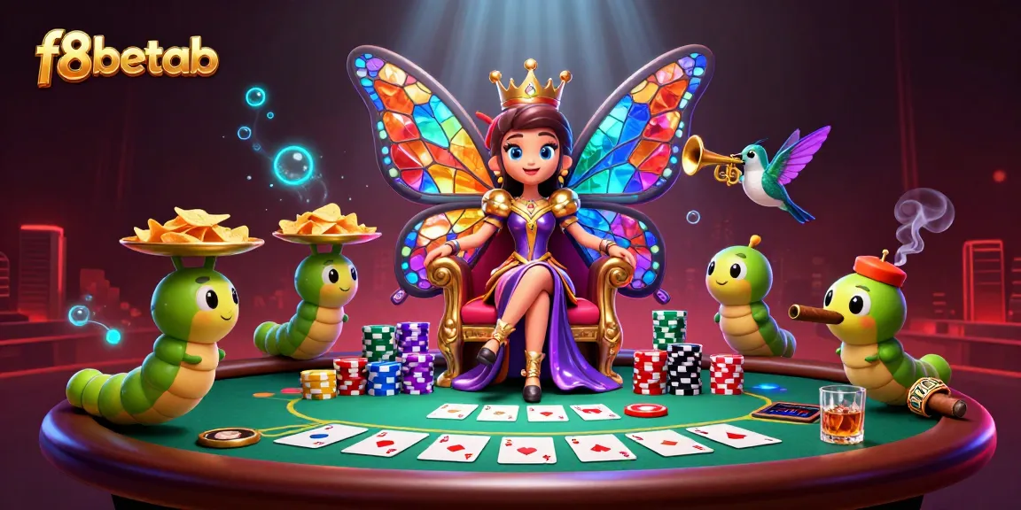 Delve into the vibrant world of f8betab with a colorful casino scene featuring butterflies and poker elements.