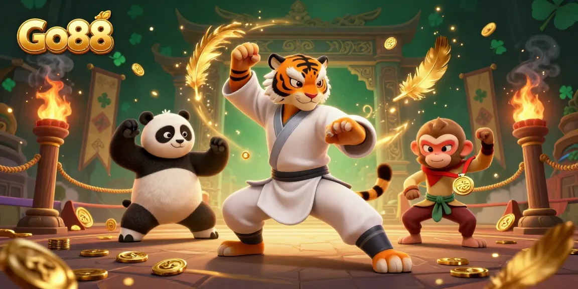 Engage in thrilling gaming with Go88, as a kung fu tiger master leads a colorful casino adventure.
