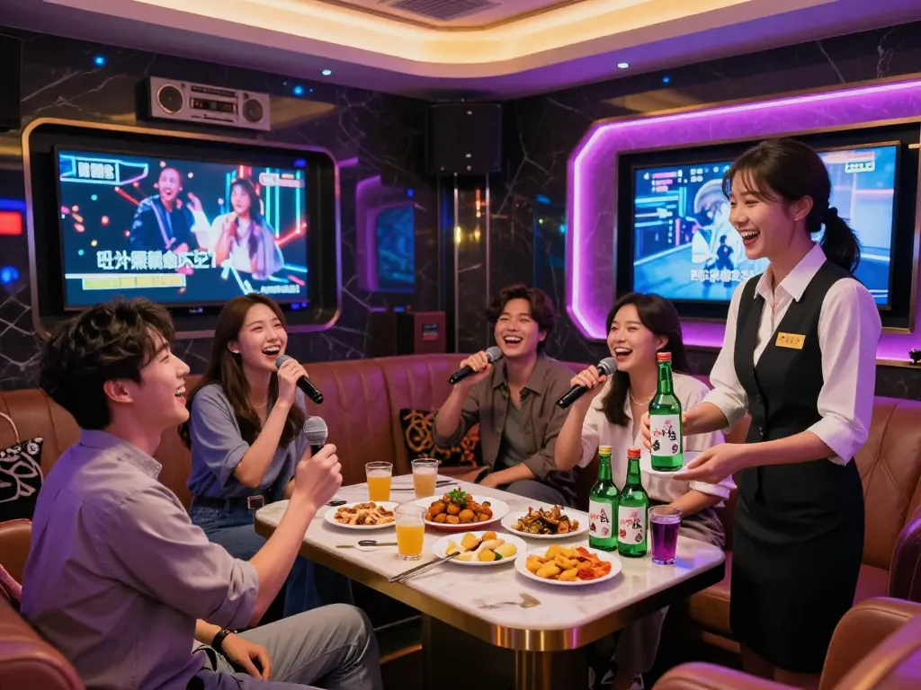 친구들과 함께 노래를 부르는 흥미로운 밤문화를 즐기는 www.3no.org/bupyeong의 생동감 넘치는 네온 조명과 세련된 음료를 제공하는 장면.
