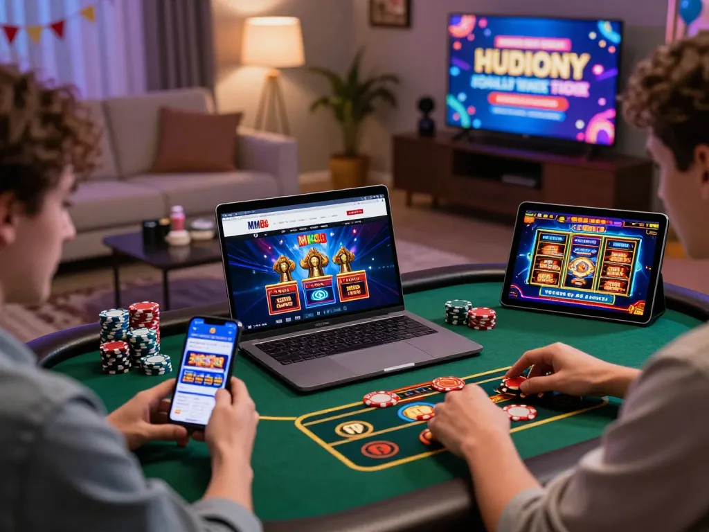MM88 online casino players engaged in live gaming on various devices in a cozy atmosphere.