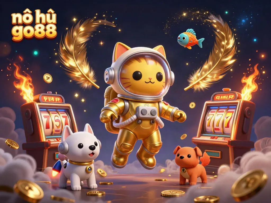 Experience nổ hũ go88 with vibrant gaming elements, featuring a cat in a golden suit, slot machines, and dynamic scenes.