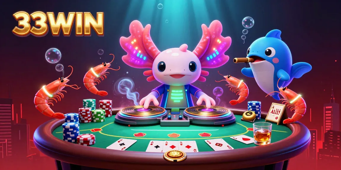 Engage with exciting gameplay at 33WIN featuring an animated scene with a DJ axolotl and shrimp dancers in a lively casino.
