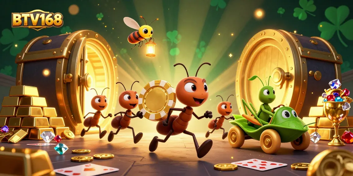BTV168 features an engaging heist scene with animated ants stealing a giant poker chip amidst casino treasures.