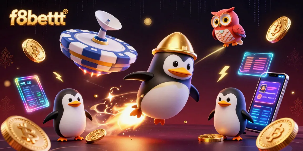 Spin to win with f8bettt in a dazzling 3D illustration of a golden penguin navigating vibrant casino-themed space.