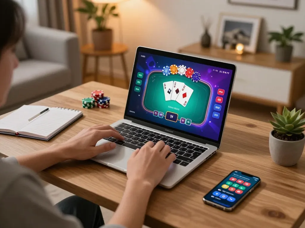 Player using gg88com online casino platform on laptop, showcasing poker game strategy in a cozy home setting