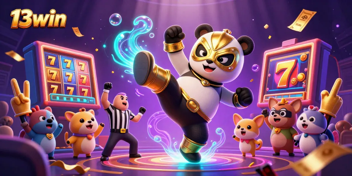 Experience thrilling action with 13win, as a panda wrestler kicks in a vibrant game-filled scene.
