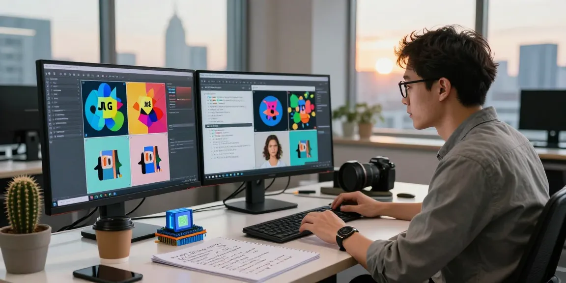 AI image detector interface displayed on multiple monitors with a focused data scientist analyzing results.