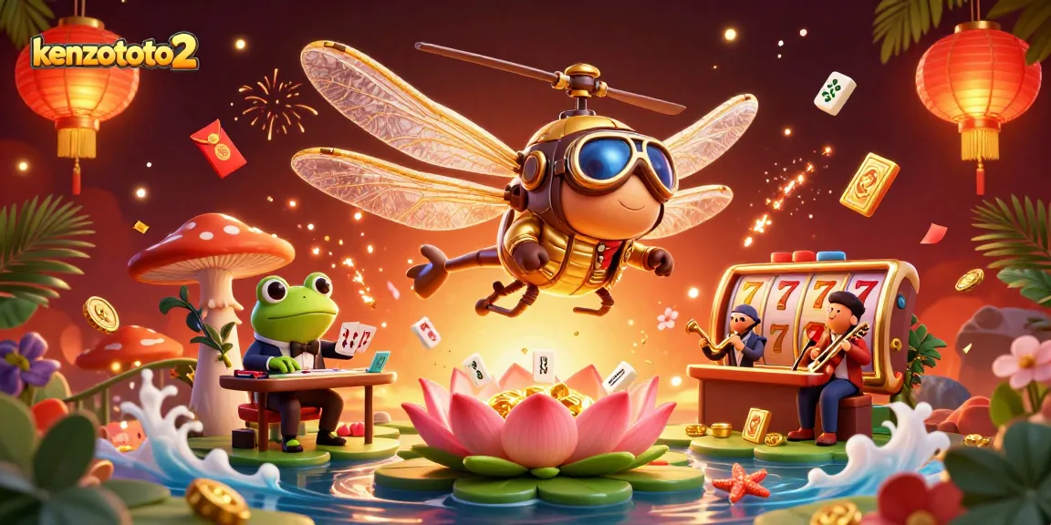 Kenzototo2 menghadirkan suasana kasino yang menyenangkan dengan croupier katak dan pilot capung dalam ilustrasi 3D.