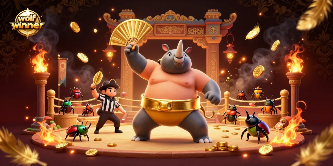 Experience winning with wolfwinner in a dynamic beetle sumo championship scene filled with coins.