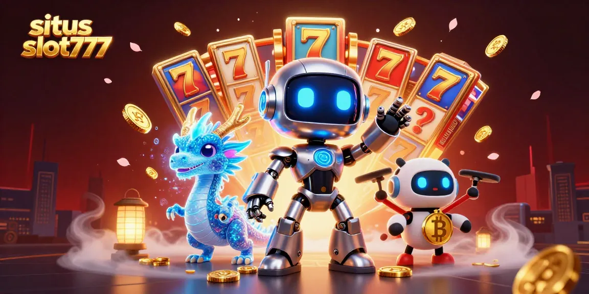 Experience situs slot777 excitement with a neon cyberpunk robot and animated slot game elements.