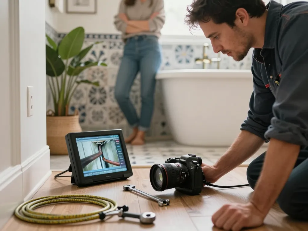 Sewer repair service in Crown Point, IN, technician inspecting sewer line with digital camera, plumbing tools in cozy bathroom.