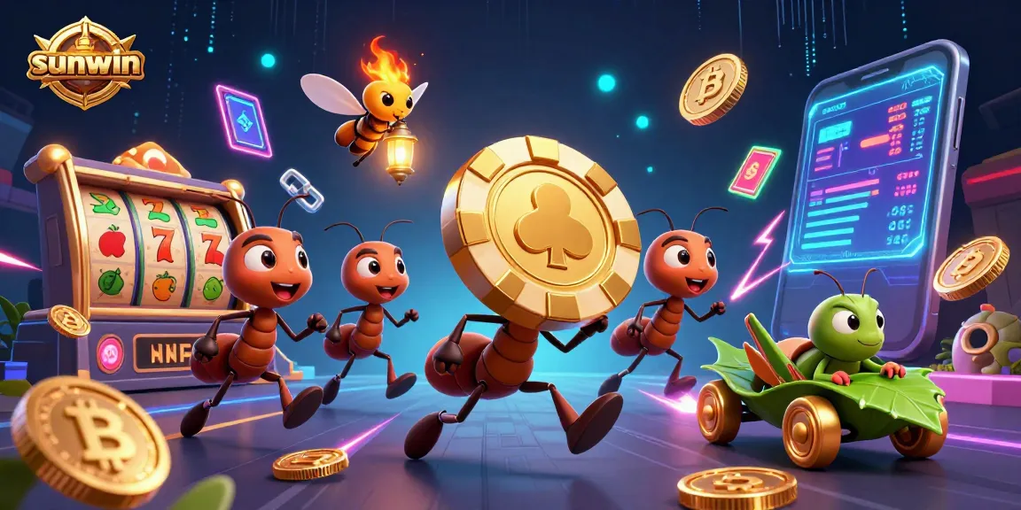 Experience sunwin's thrilling slots with ants on a heist, golden chips, and neon crypto elements.