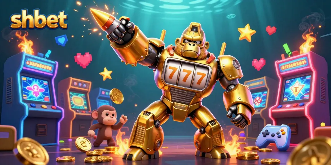 Engage with shbet in an electrifying 3D casino adventure, highlighted by a golden gorilla mech and vibrant gaming elements.
