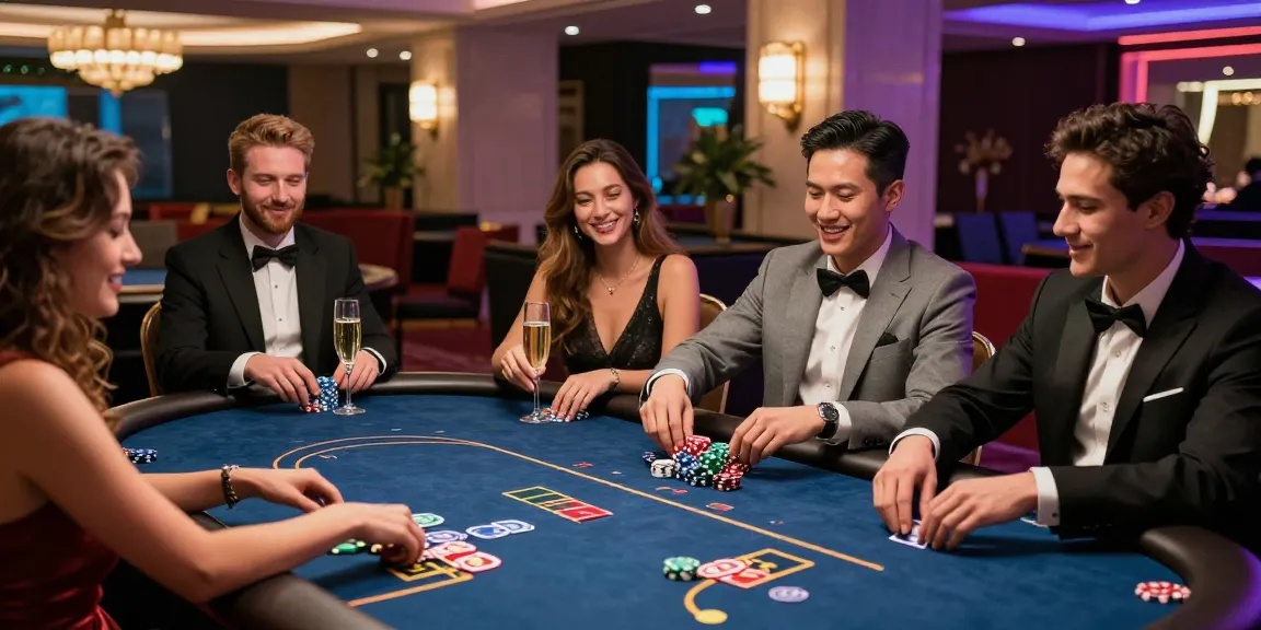 Players celebrating a win at an iwin casino poker table, vibrant atmosphere with champagne and chips.