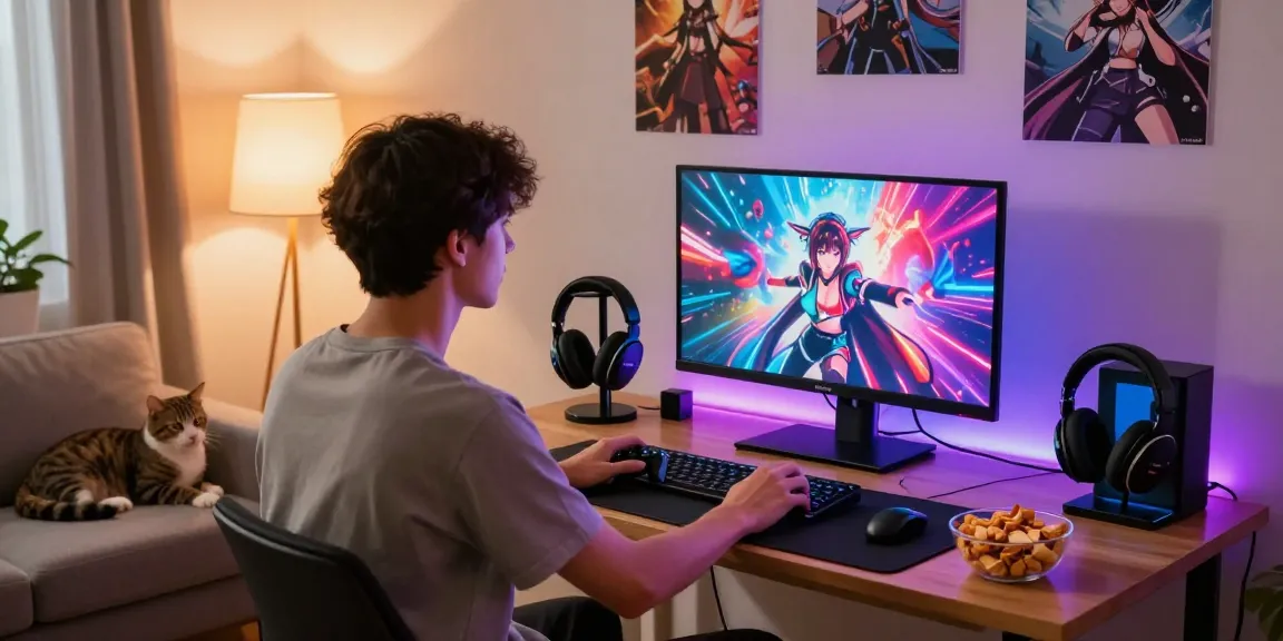 Engaged player enjoying hentai games on a vibrant gaming setup in a cozy living room