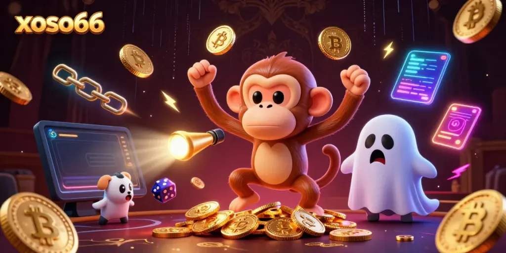 Experience the thrill of xoso66 as a poltergeist monkey juggles coins in a haunted casino.
