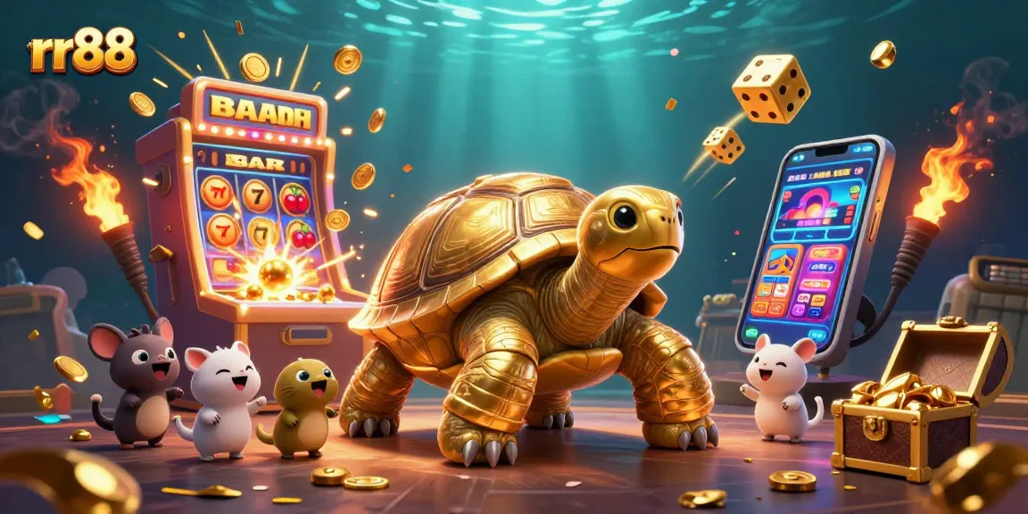 Play thrilling games at RR88, featuring a golden tortoise pinball machine and jackpot excitement!