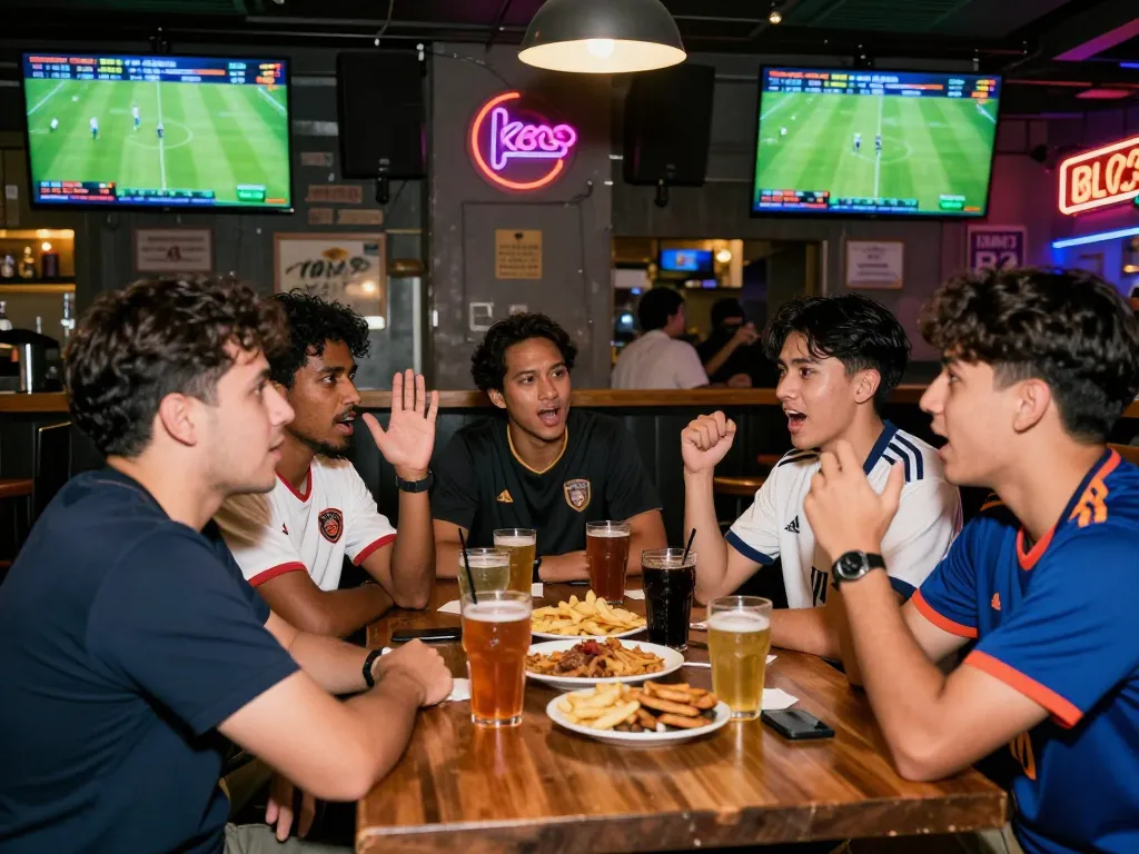 Dynamic sports betting scene showcasing friends analyzing kèo nhà cái 8 opportunities in an urban sports bar.