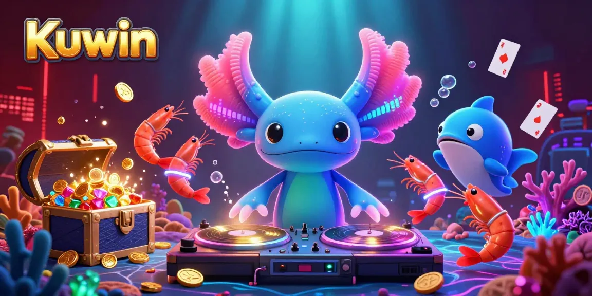 Kuwin celebrates underwater casino fun with a neon axolotl DJ and lively characters spinning records and celebrating with gold coins.
