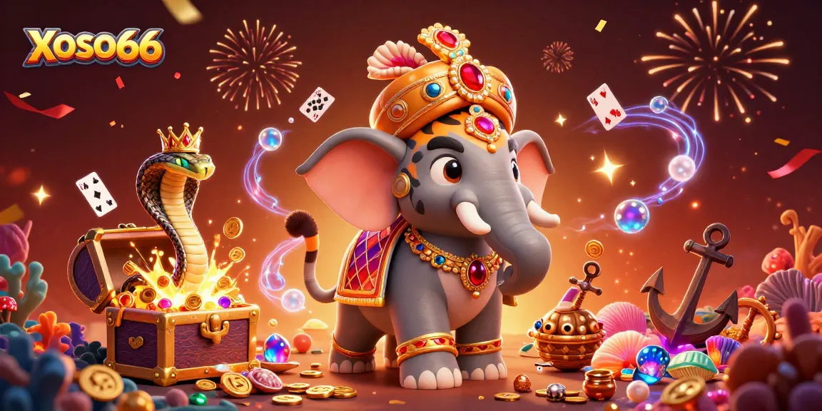 XOSO66 showcases thrilling casino adventures with a colorful 3D scene featuring a maharaja tiger and gem-filled treasures.
